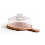 Récipient à fromage et autres aliments,  couvercle en plastique opaque, base en  bois d'acacia naturel